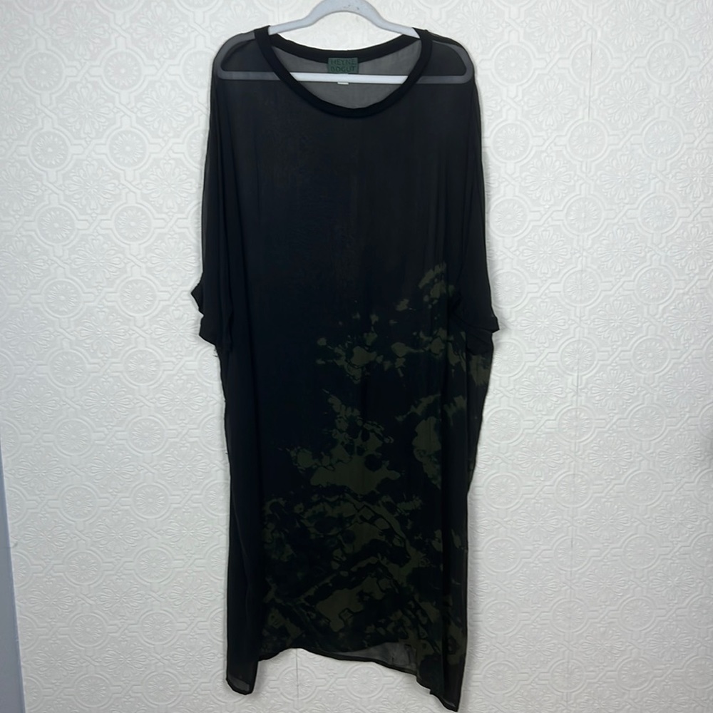 Heyne Bogut 100% Silk Tunic Dress Oversized Sheer Tie Dye Black Green Lagenlook